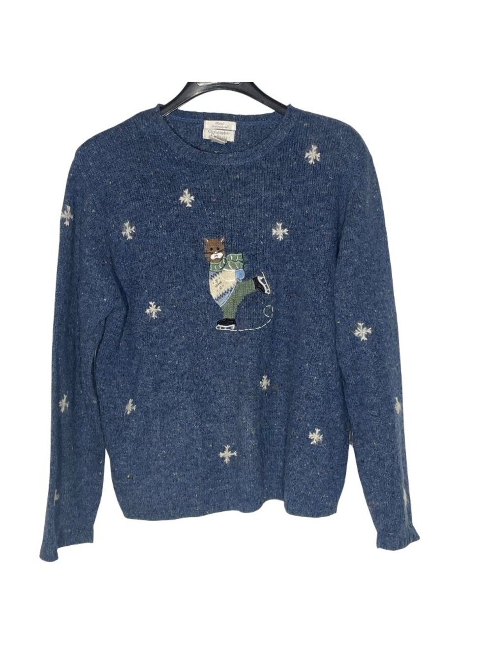 VTG Cat Ice Skate Wool Blend Sweater Sz LG Winter Embroidered Snow Cat Lady